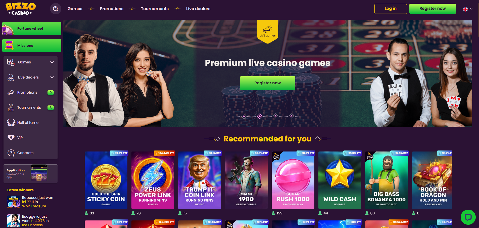 Bizzo Casino home screen